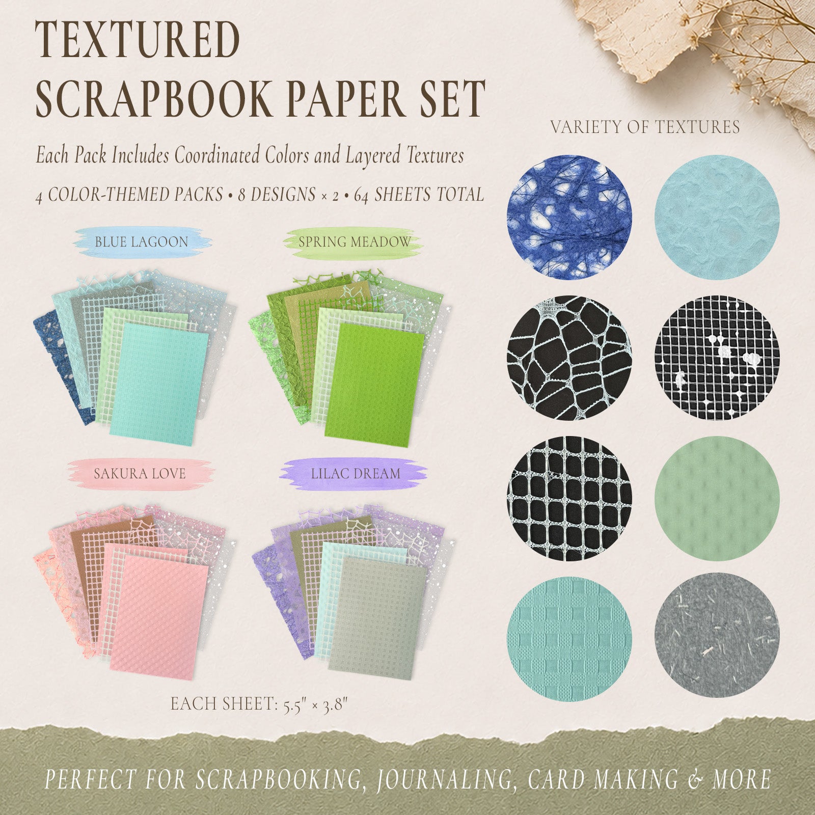 Wrapables Textured Scrapbook Paper and Mesh Fabric Supplies Set, Decorative Paper Kit for Scrapbooking, Junk Journals, Card Making (Set of 4)