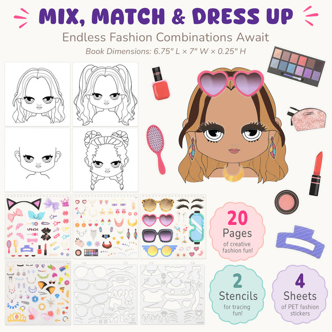 Wrapables Dress Up Sticker and Activity Book for Kids, Girls Sticker and Coloring Activity Book, Beauty Guru