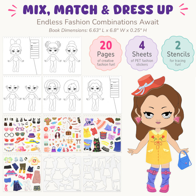 Wrapables Dress Up Sticker and Activity Book for Kids, Girls Sticker and Coloring Activity Book, Fashionista