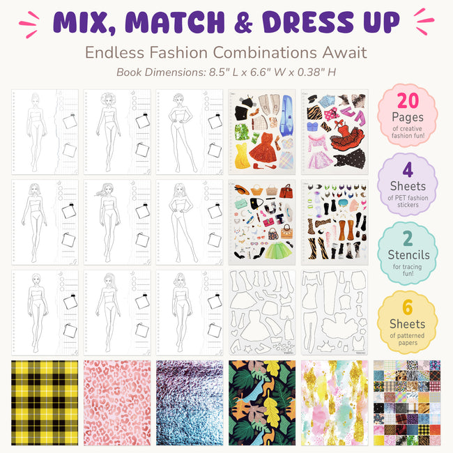 Wrapables Dress Up Sticker Book for Kids, Girls Sticker and Coloring Activity Book, Creativity Book, Fashion Diva