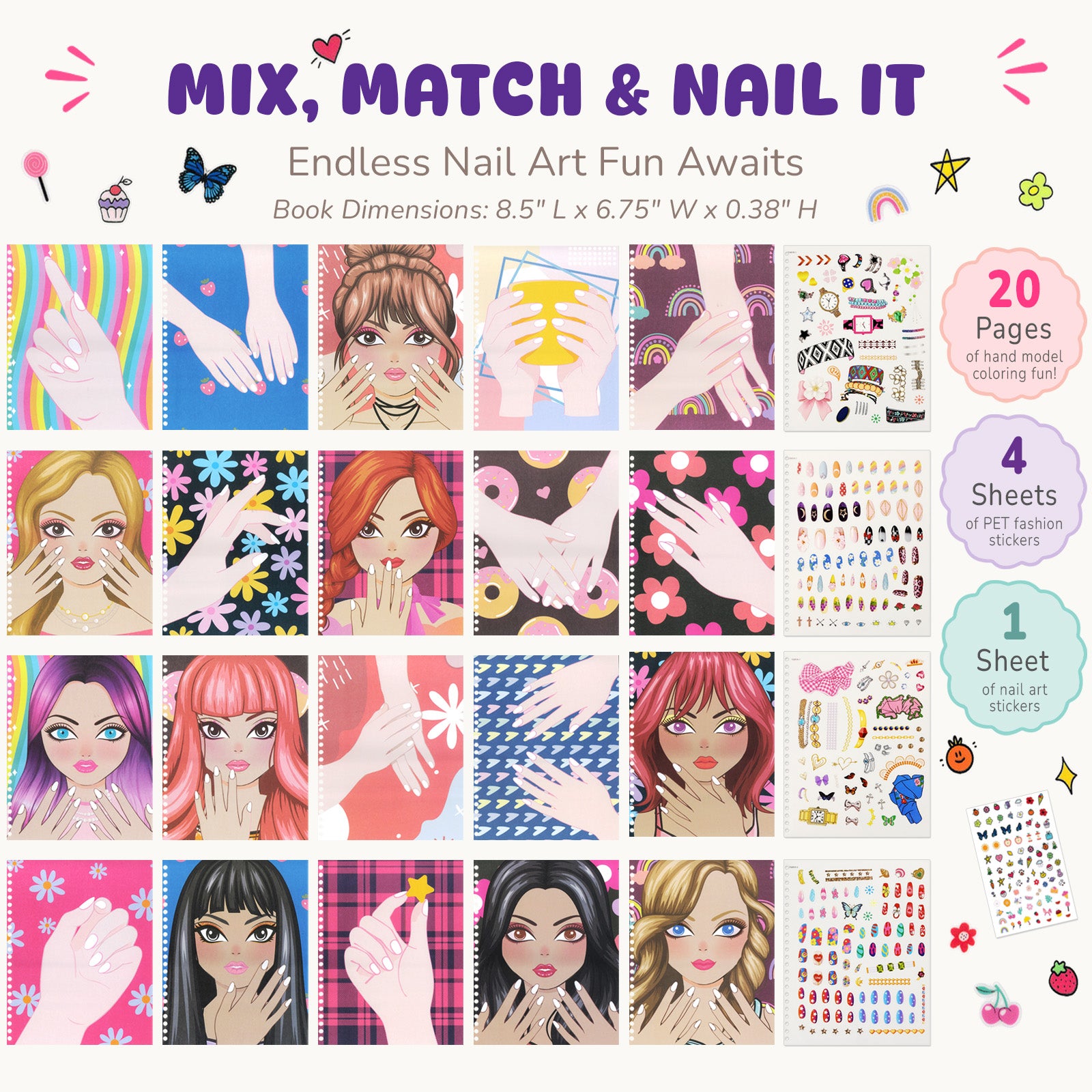 Wrapables Nail Art Dress Up Sticker Book for Kids, Girls Sticker and Coloring Activity Book