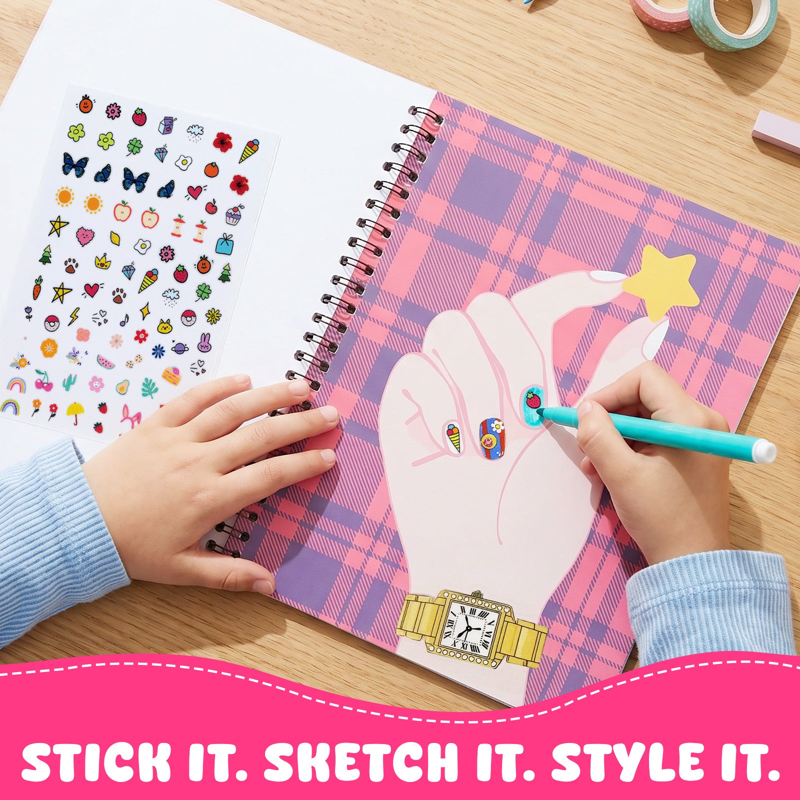 Wrapables Nail Art Dress Up Sticker Book for Kids, Girls Sticker and Coloring Activity Book