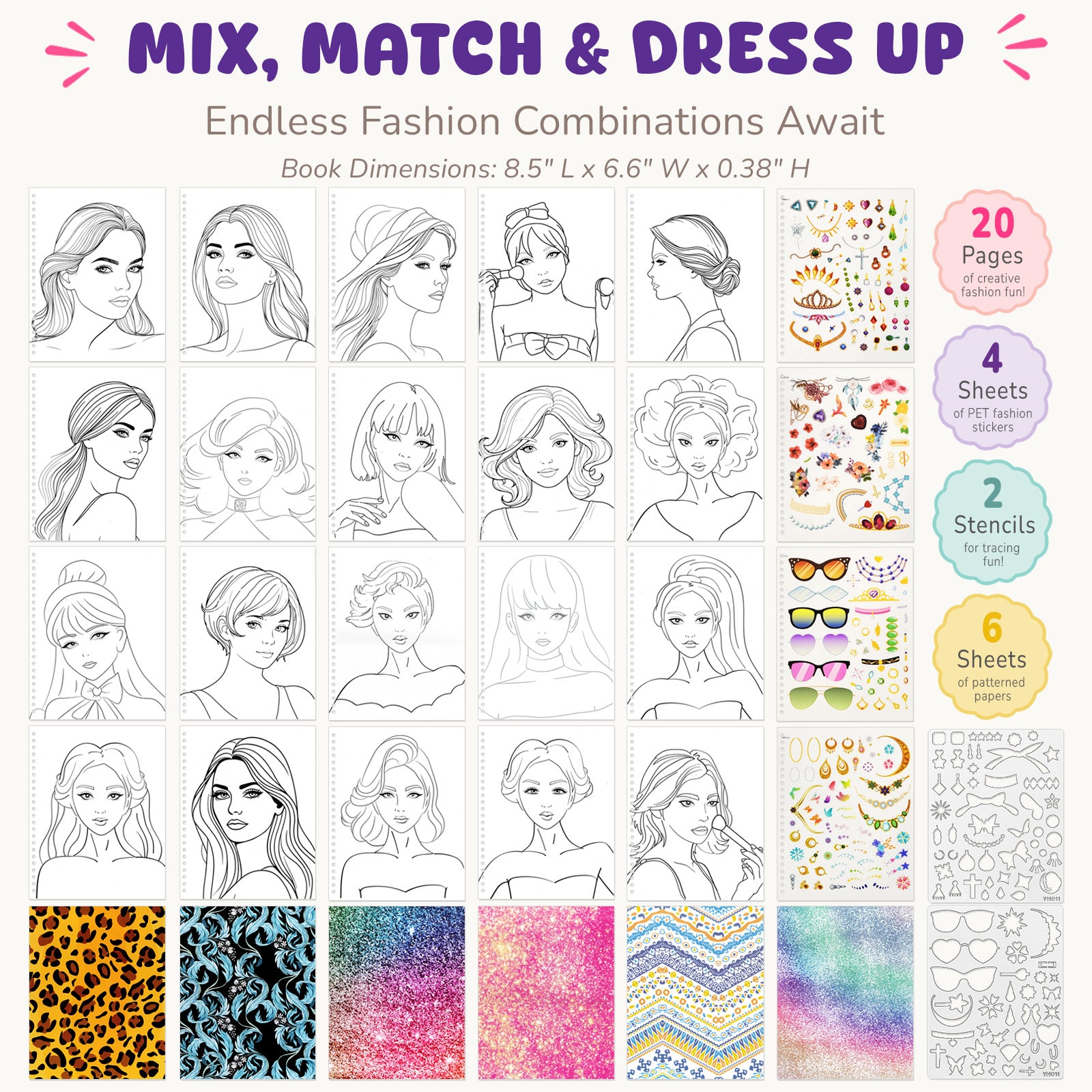 Wrapables Dress Up Sticker Book for Kids, Girls Sticker and Coloring Activity Book, Creativity Book, Fashion Stylist