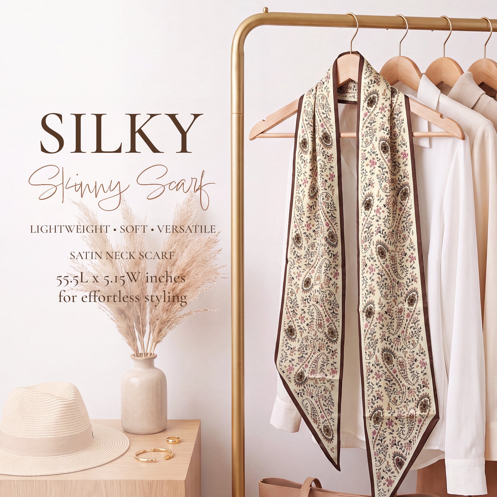 Wrapables 2 Piece Womens Silky Feeling Long Skinny Scarf Set, 55.5 x 5.15 Inch Satin Neck Scarf, Fern Paisley