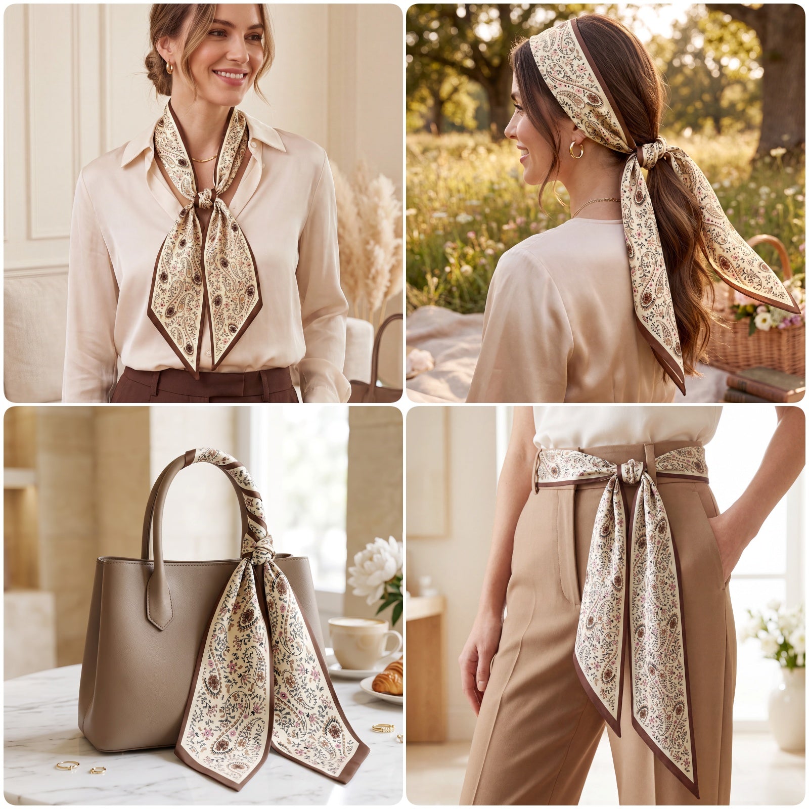 Wrapables 2 Piece Womens Silky Feeling Long Skinny Scarf Set, 55.5 x 5.15 Inch Satin Neck Scarf, Fern Paisley