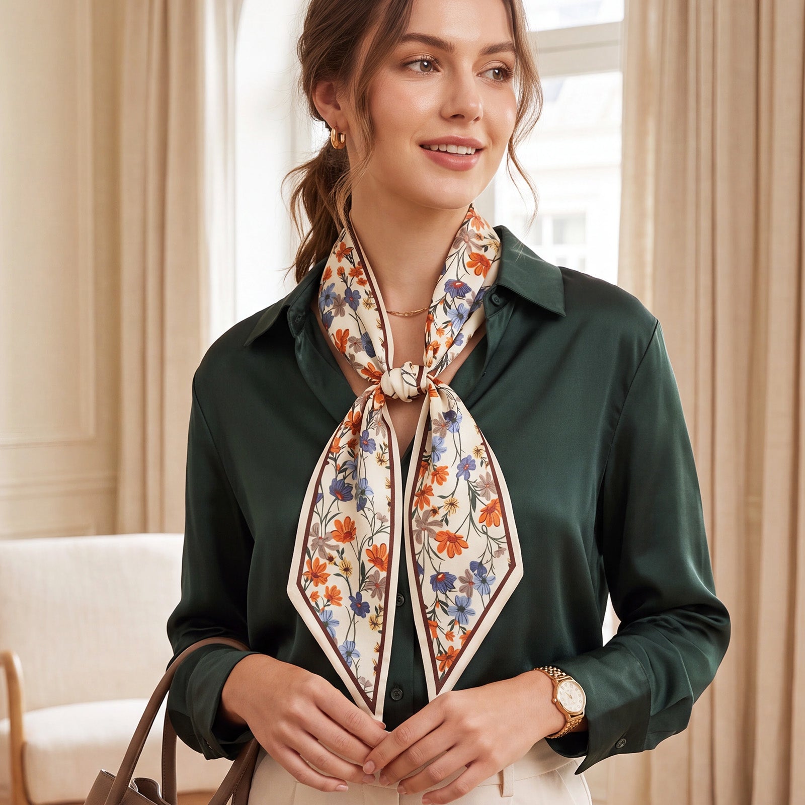 Wrapables 2 Piece Womens Silky Feeling Long Skinny Scarf Set, 55.5 x 5.15 Inch Satin Neck Scarf, Floral Ginkgo