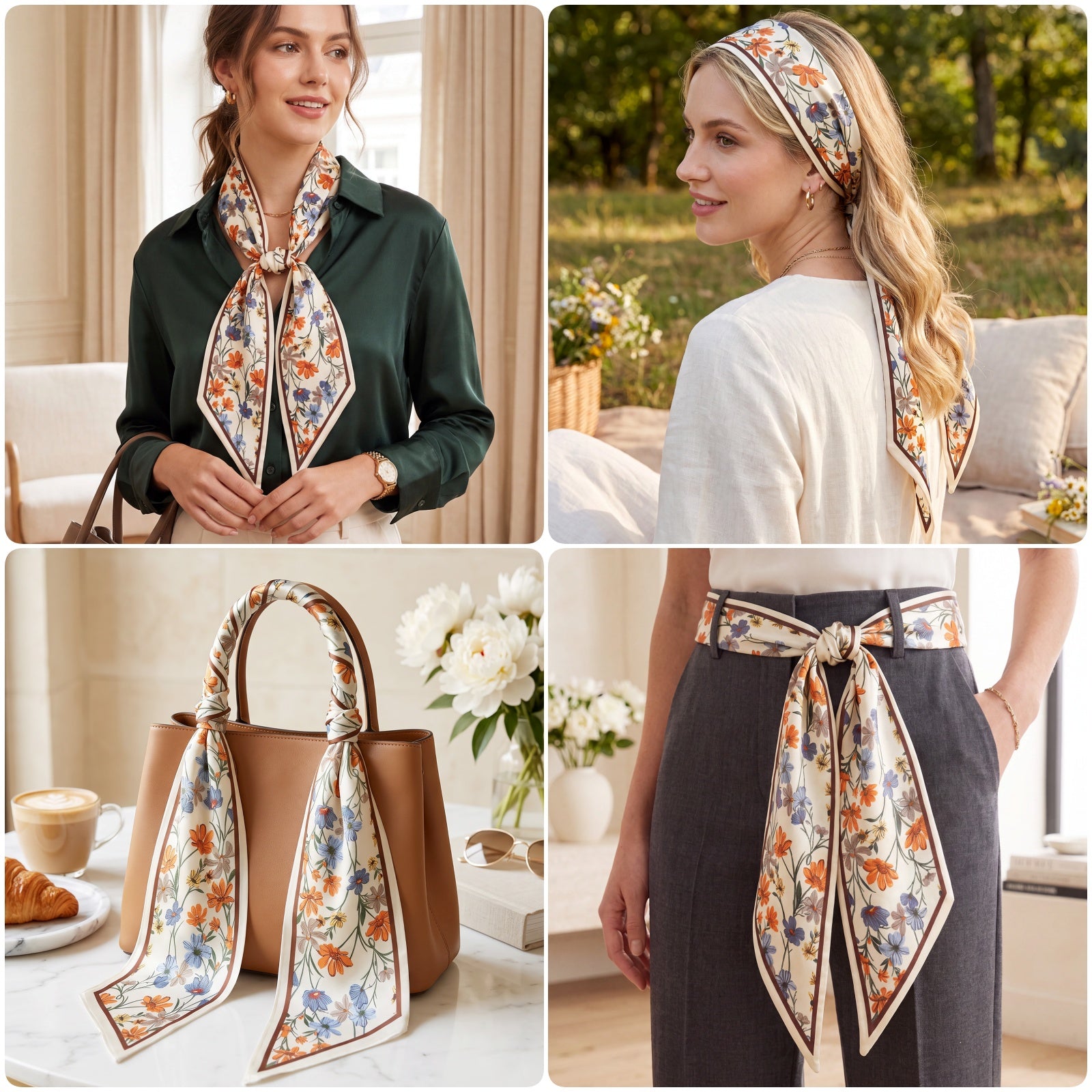 Wrapables 2 Piece Womens Silky Feeling Long Skinny Scarf Set, 55.5 x 5.15 Inch Satin Neck Scarf, Floral Ginkgo