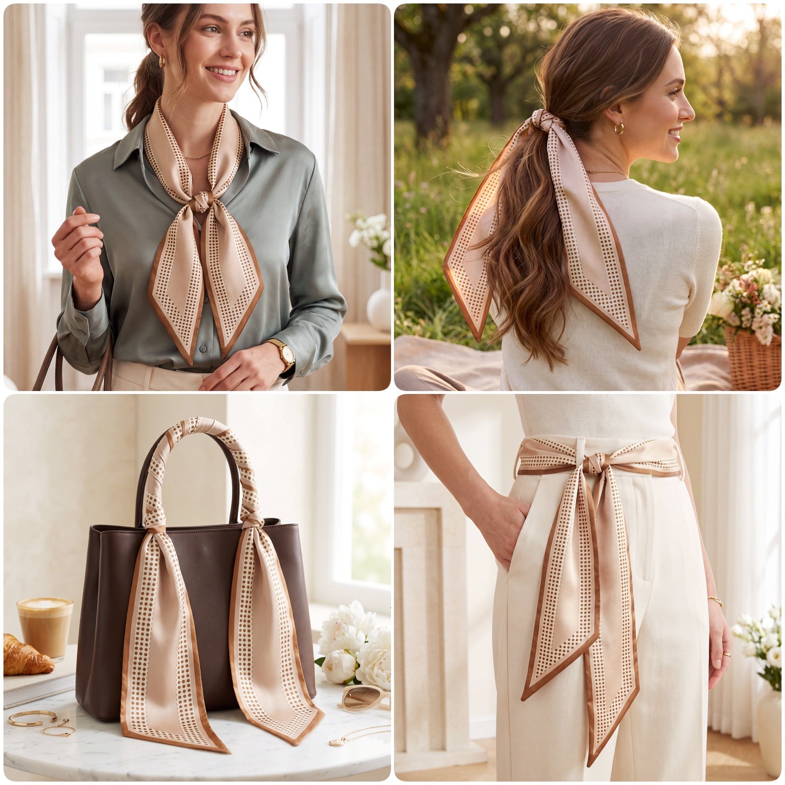 Wrapables 2 Piece Womens Silky Feeling Long Skinny Scarf Set, 55.5 x 5.15 Inch Satin Neck Scarf, Brown Sprig