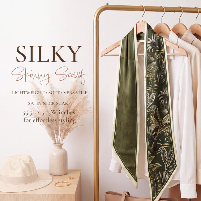 Wrapables 2 Piece Womens Silky Feeling Long Skinny Scarf Set, 55.5 x 5.15 Inch Satin Neck Scarf, Fern Paisley