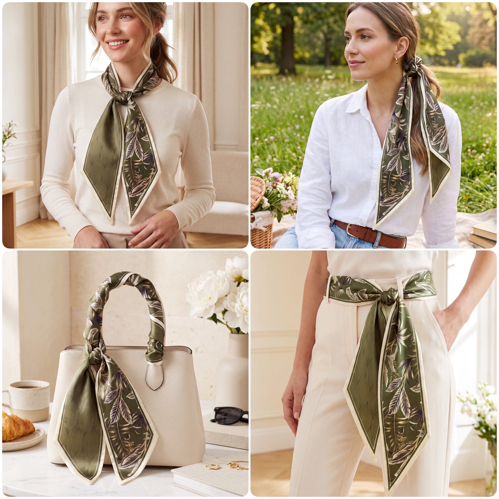 Wrapables 2 Piece Womens Silky Feeling Long Skinny Scarf Set, 55.5 x 5.15 Inch Satin Neck Scarf, Fern Paisley
