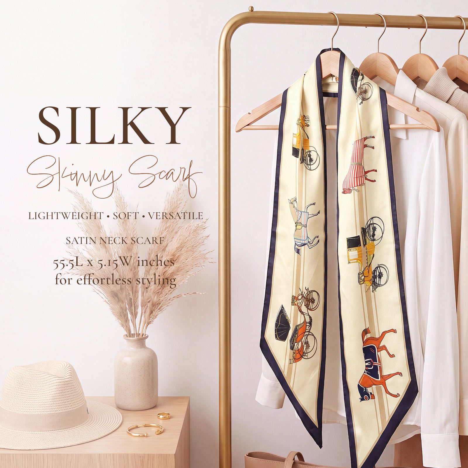 Wrapables 2 Piece Womens Silky Feeling Long Skinny Scarf Set, 55.5 x 5.15 Inch Satin Neck Scarf, Horse and Carriage