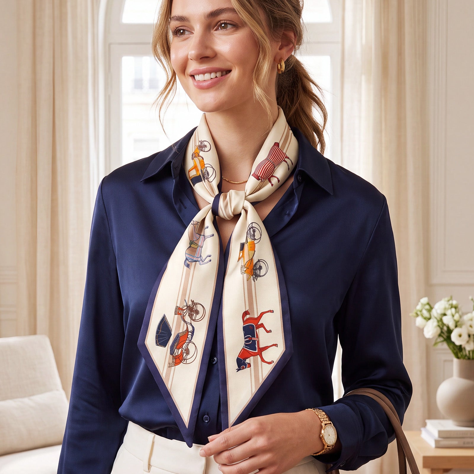 Wrapables 2 Piece Womens Silky Feeling Long Skinny Scarf Set, 55.5 x 5.15 Inch Satin Neck Scarf, Horse and Carriage