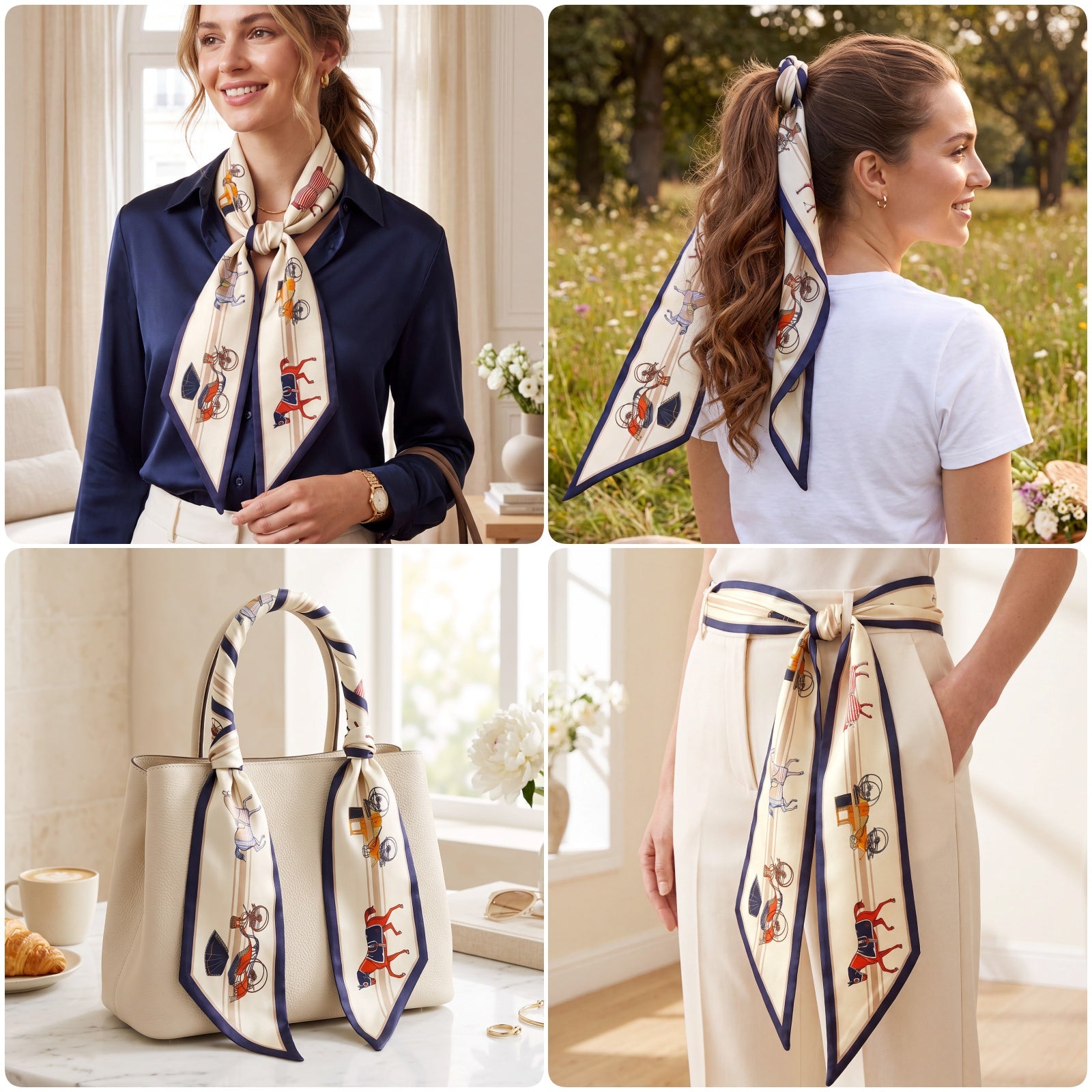 Wrapables 2 Piece Womens Silky Feeling Long Skinny Scarf Set, 55.5 x 5.15 Inch Satin Neck Scarf, Horse and Carriage