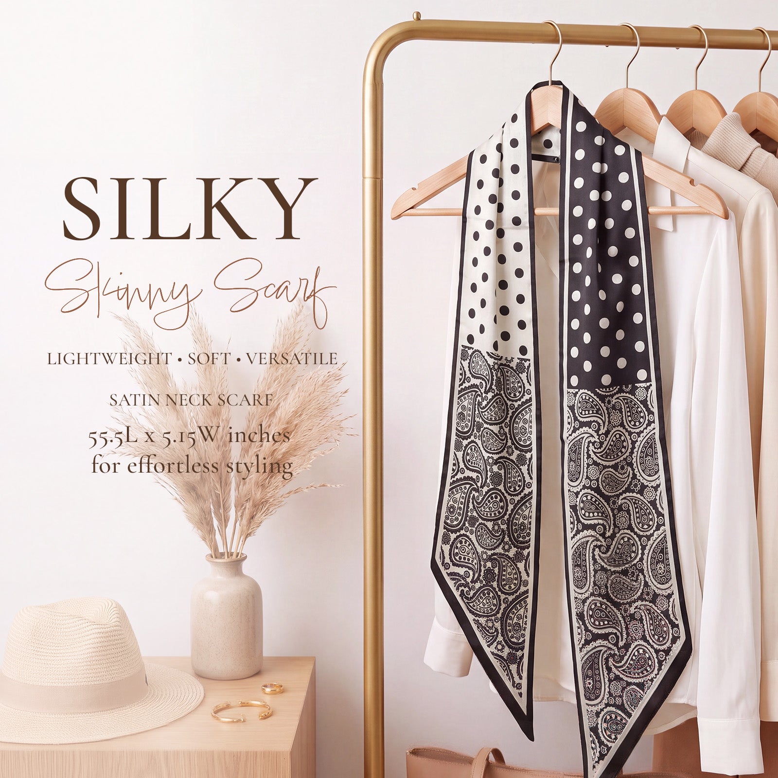 Wrapables 2 Piece Womens Silky Feeling Long Skinny Scarf Set, 55.5 x 5.15 Inch Satin Neck Scarf, Horse and Paisley