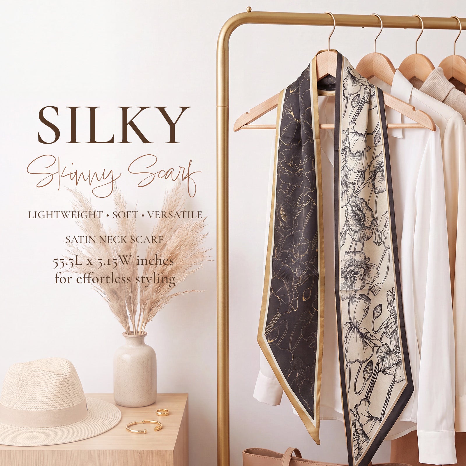 Wrapables 2 Piece Womens Silky Feeling Long Skinny Scarf Set, 55.5 x 5.15 Inch Satin Neck Scarf, Floral Ginkgo