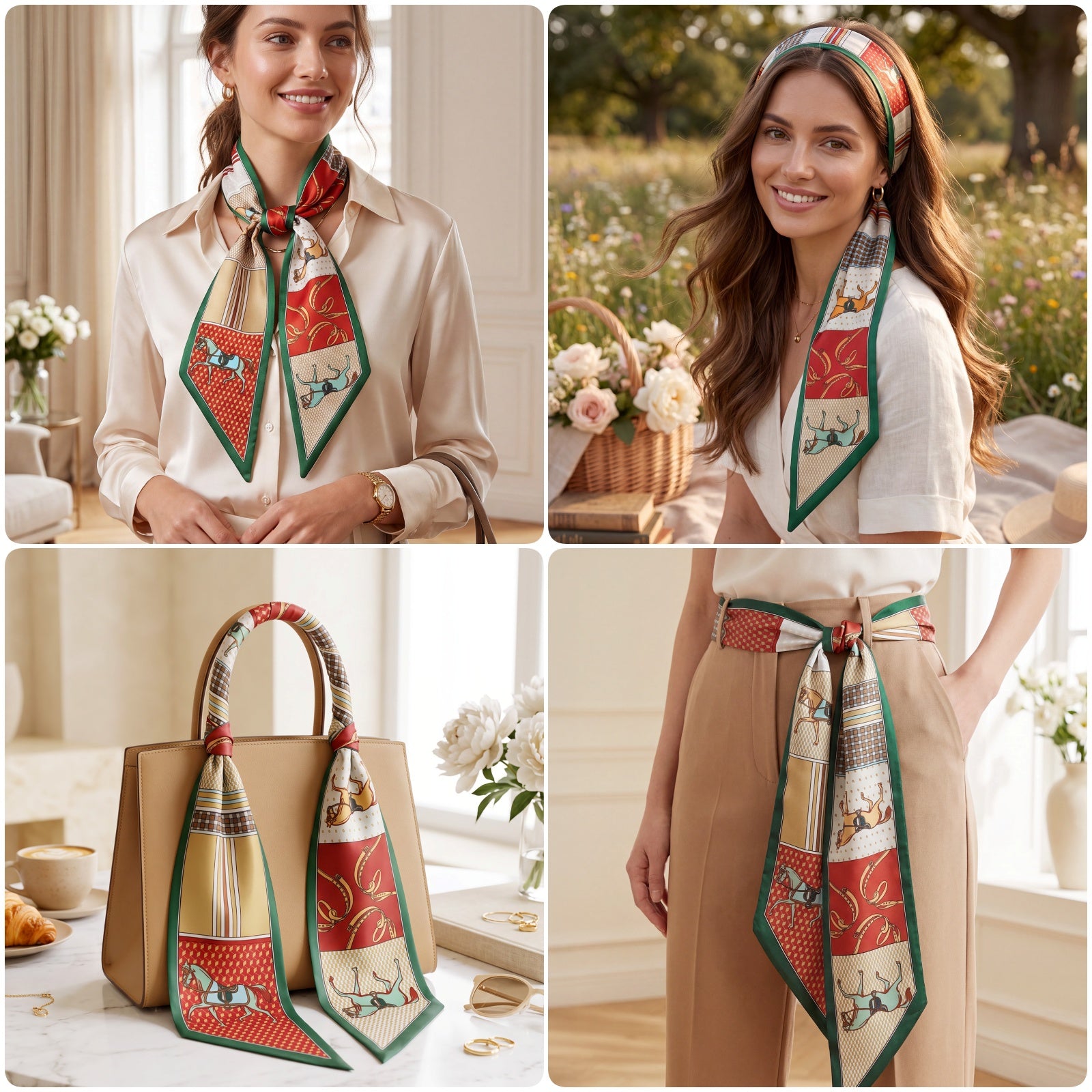 Wrapables 2 Piece Womens Silky Feeling Long Skinny Scarf Set, 55.5 x 5.15 Inch Satin Neck Scarf, Horse and Carriage