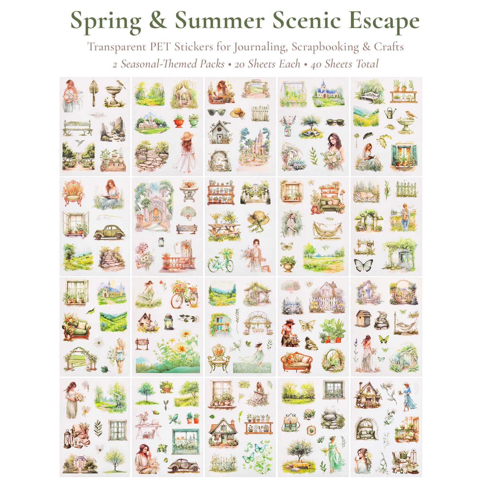 Wrapables Seasons Scenery PET Scrapbooking Stickers for Scrapbooking, Junk Journals, Stationery, DIY Crafts, Water Bottles (Set of 2), Spring Summer
