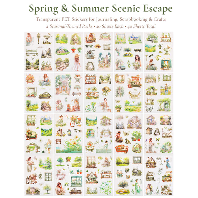 Wrapables Seasons Scenery PET Scrapbooking Stickers for Scrapbooking, Junk Journals, Stationery, DIY Crafts, Water Bottles (Set of 2), Spring Summer
