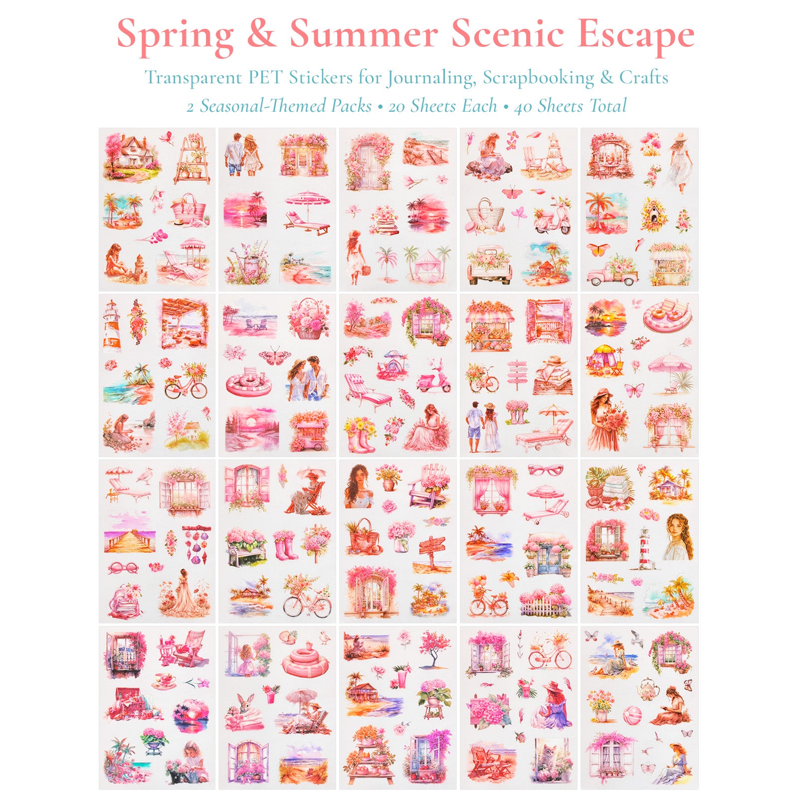 Wrapables Seasons Scenery PET Scrapbooking Stickers for Scrapbooking, Junk Journals, Stationery, DIY Crafts, Water Bottles (Set of 2), Spring Summer