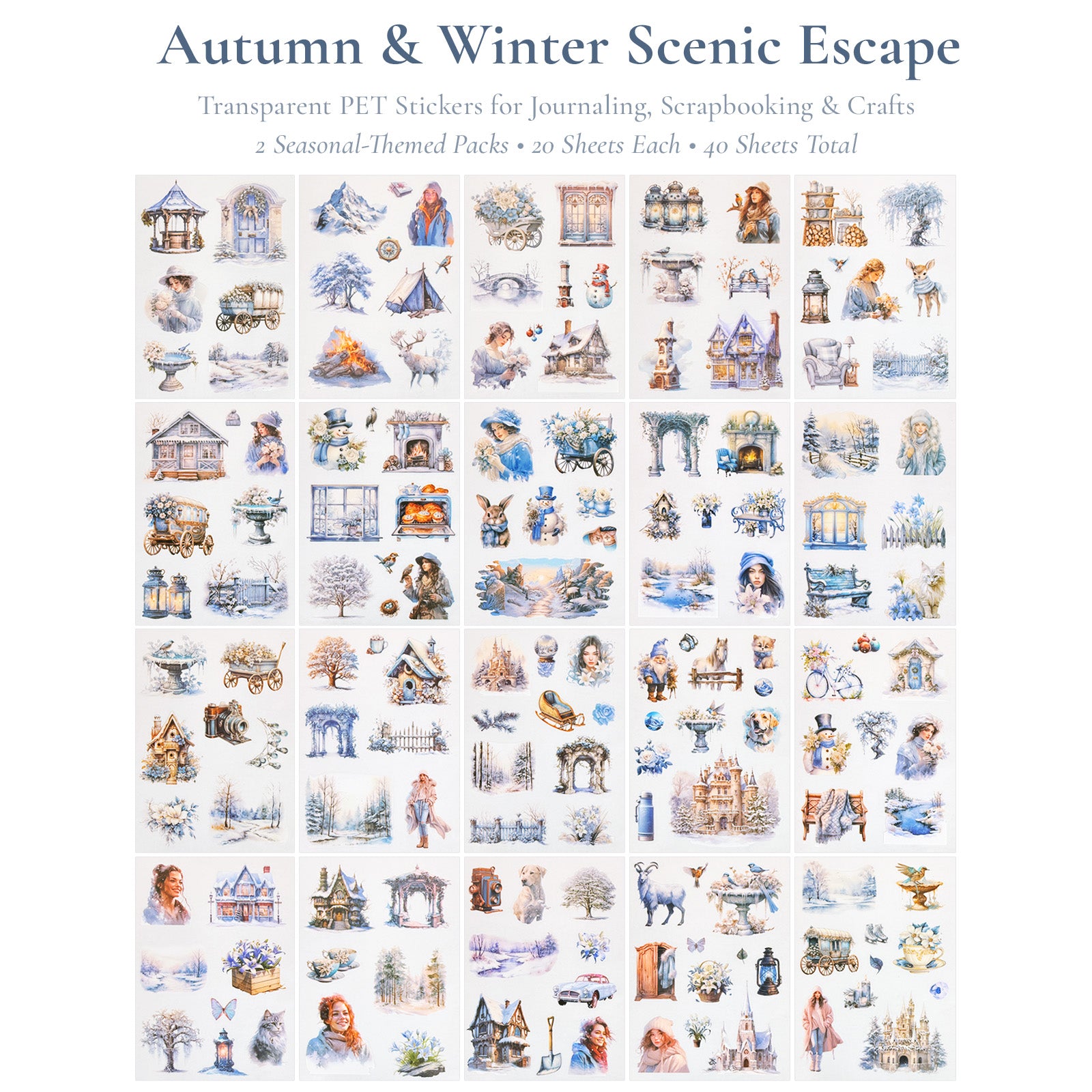 Wrapables Seasons Scenery PET Scrapbooking Stickers for Scrapbooking, Junk Journals, Stationery, DIY Crafts, Water Bottles (Set of 2), Autumn Winter