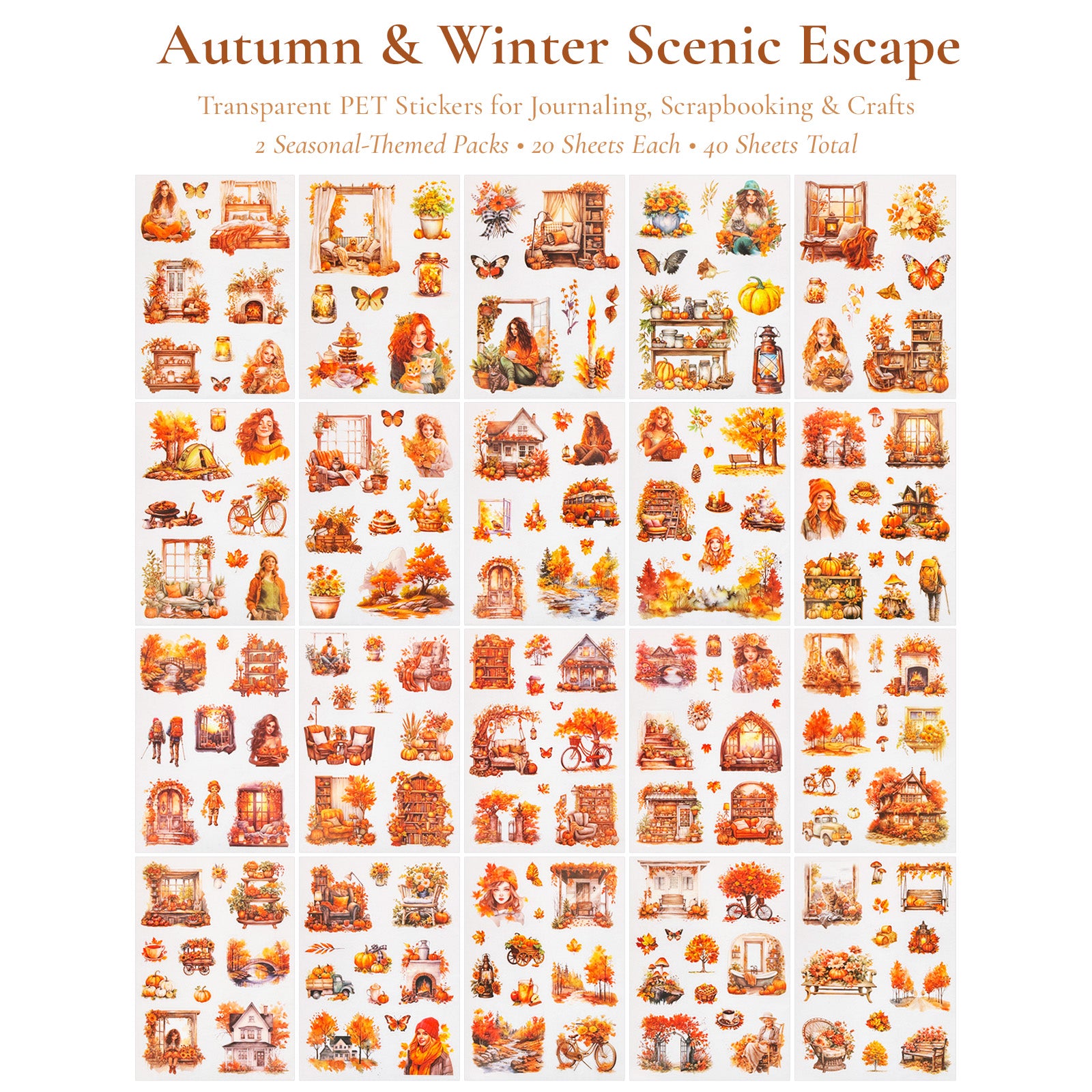 Wrapables Seasons Scenery PET Scrapbooking Stickers for Scrapbooking, Junk Journals, Stationery, DIY Crafts, Water Bottles (Set of 2), Autumn Winter