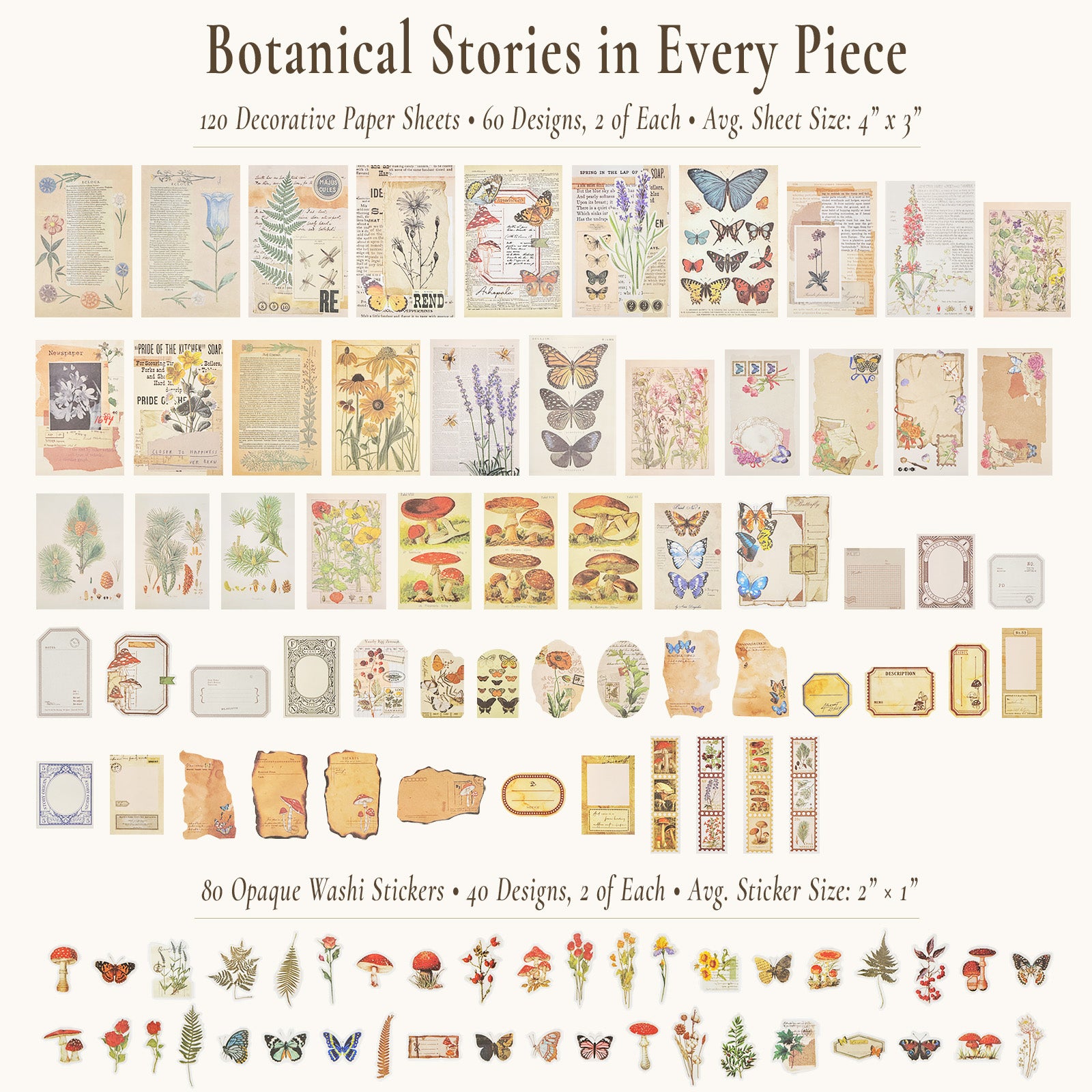 Wrapables Botanical Nature Scrapbooking Supplies Kit, Vintage Ephemera and Sticker Set for Junk Journaling, Card Making, and DIY Crafts (200pcs)