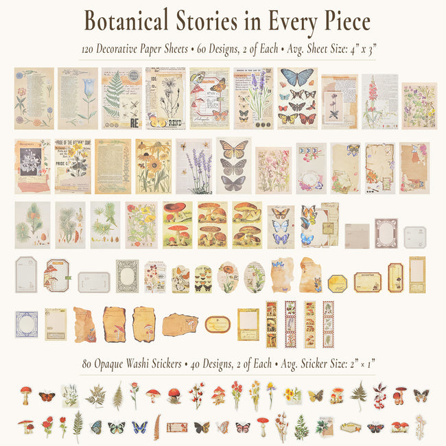 Wrapables Botanical Nature Scrapbooking Supplies Kit, Vintage Ephemera and Sticker Set for Junk Journaling, Card Making, and DIY Crafts (200pcs)