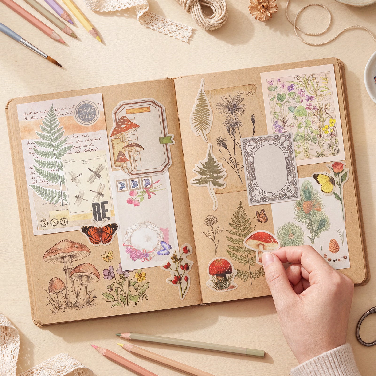 Wrapables Botanical Nature Scrapbooking Supplies Kit, Vintage Ephemera and Sticker Set for Junk Journaling, Card Making, and DIY Crafts (200pcs)