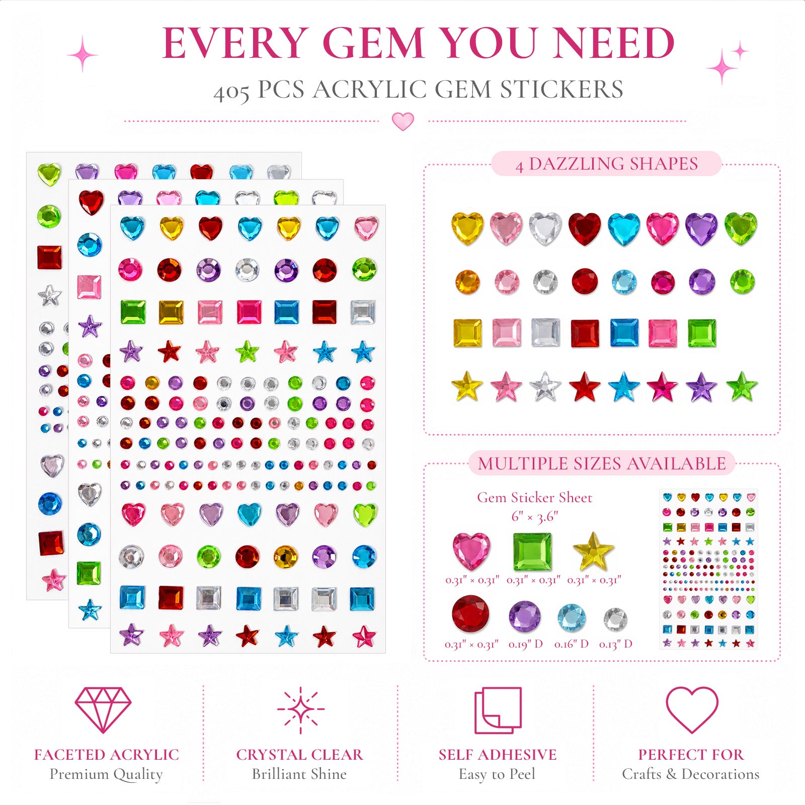Wrapables 405pcs Acrylic Self Adhesive Crystal Rhinestone Gem Stickers, DIY, Arts and Crafts Supplies (Set of 3), Assorted