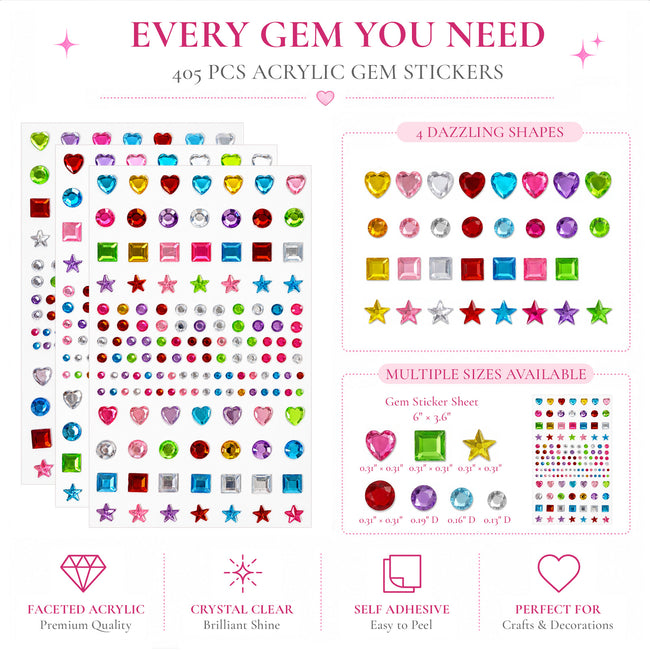 Wrapables 405pcs Acrylic Self Adhesive Crystal Rhinestone Gem Stickers, DIY, Arts and Crafts Supplies (Set of 3), Assorted