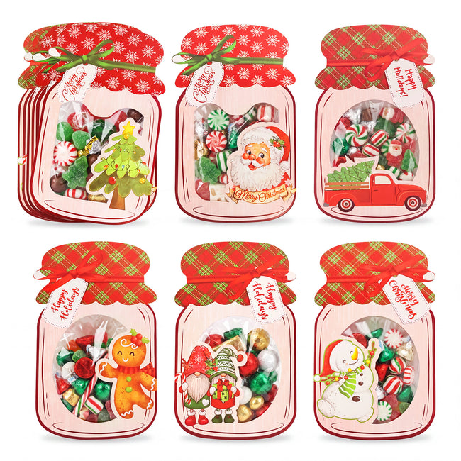 Wrapables 48pk Christmas Party Favor Treat Bags with Mason Jar Cards Set, DIY Stock Stuffers, Gift Exchange (Candy Not Included)