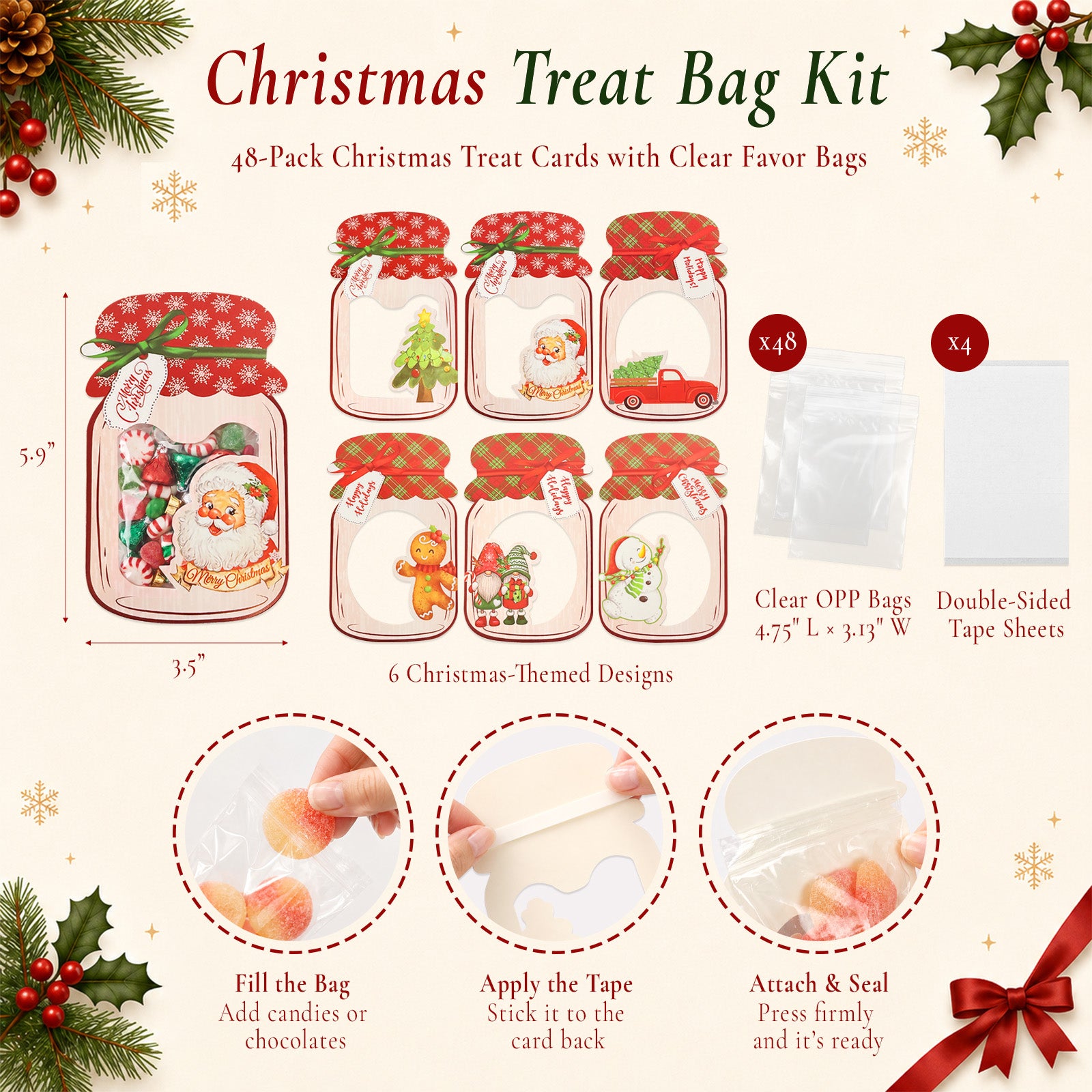 Wrapables 48pk Christmas Party Favor Treat Bags with Mason Jar Cards Set, DIY Stock Stuffers, Gift Exchange (Candy Not Included)