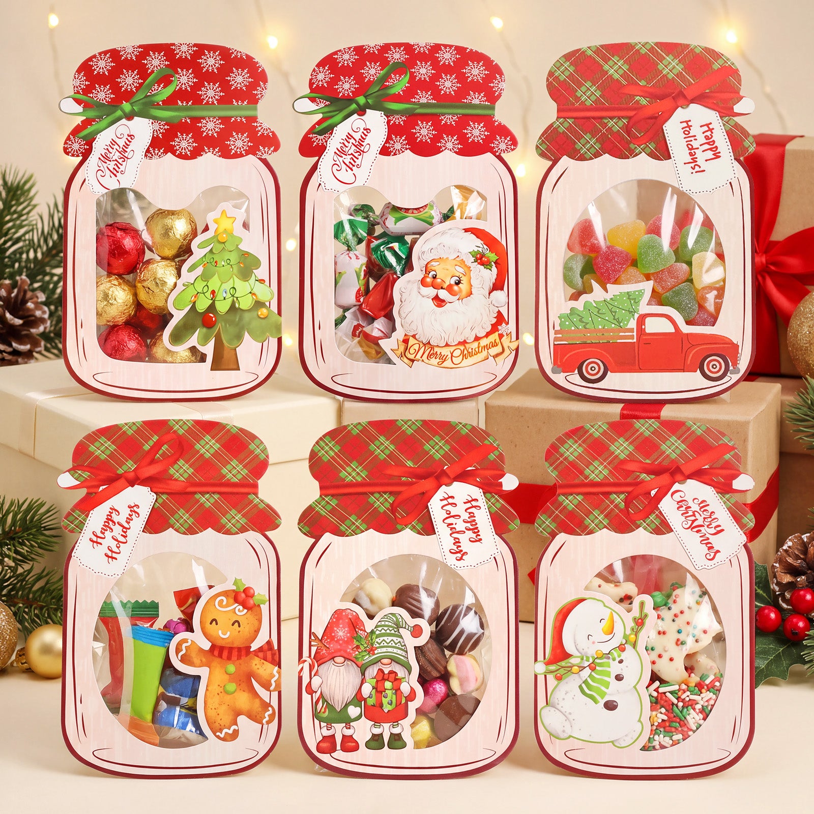 Wrapables 48pk Christmas Party Favor Treat Bags with Mason Jar Cards Set, DIY Stock Stuffers, Gift Exchange (Candy Not Included)