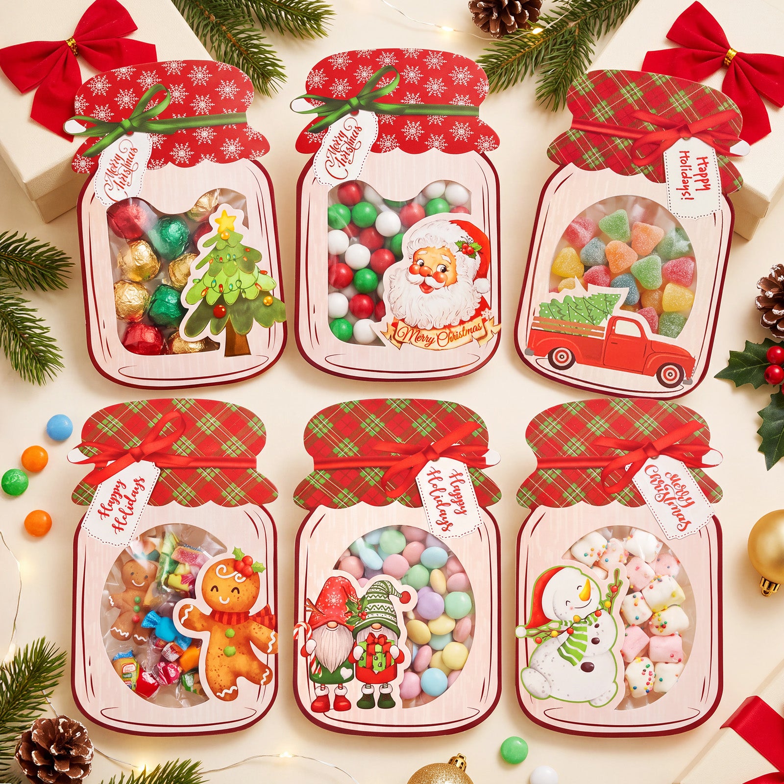 Wrapables 48pk Christmas Party Favor Treat Bags with Mason Jar Cards Set, DIY Stock Stuffers, Gift Exchange (Candy Not Included)