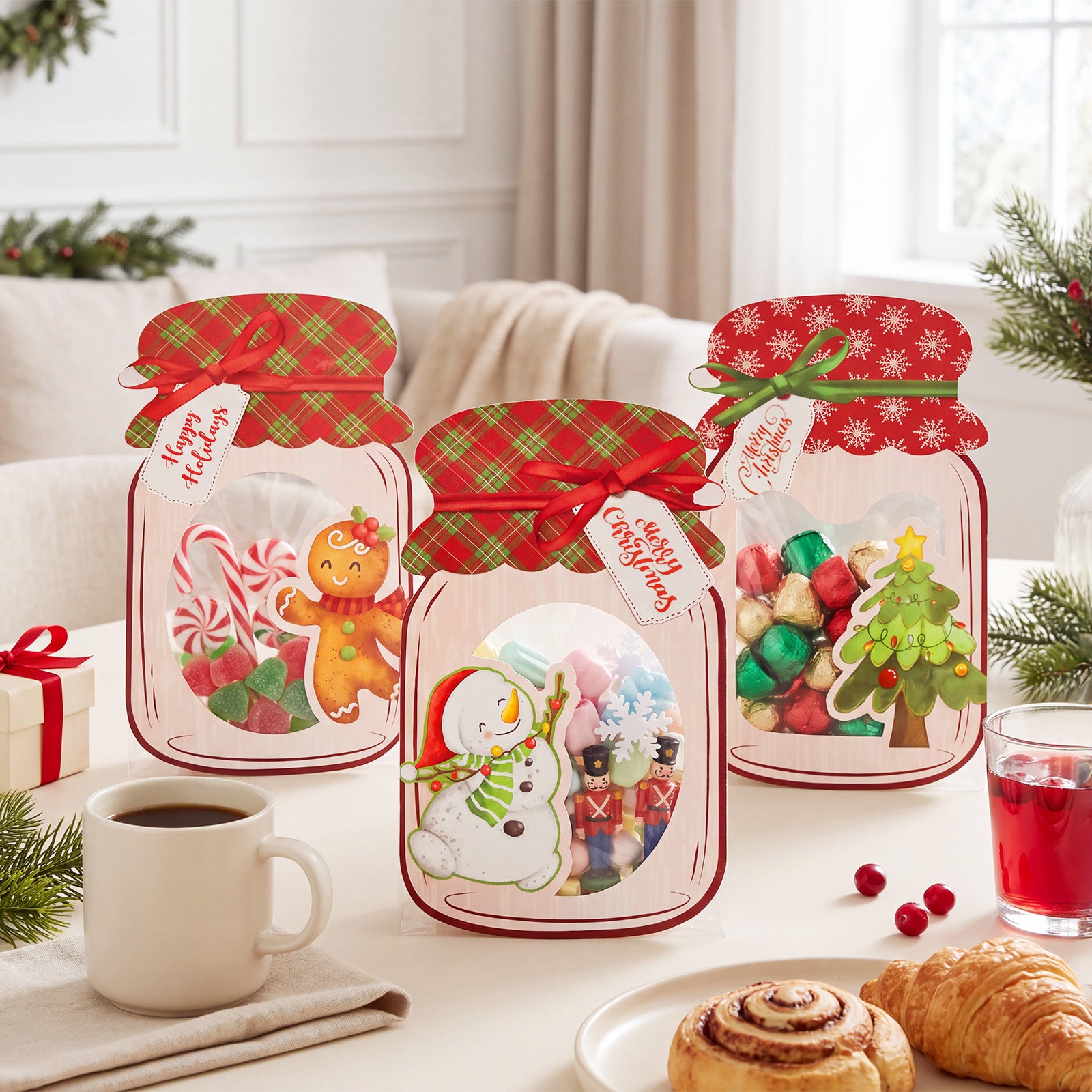 Wrapables 48pk Christmas Party Favor Treat Bags with Mason Jar Cards Set, DIY Stock Stuffers, Gift Exchange (Candy Not Included)