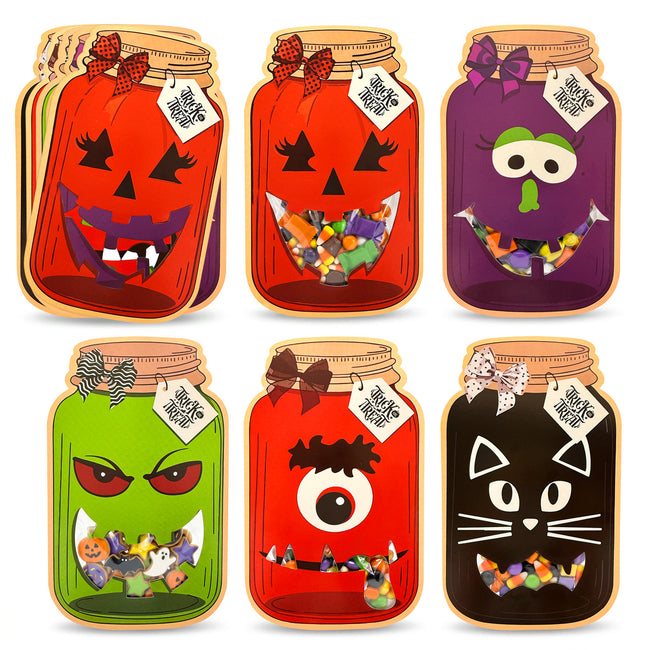 Wrapables 50pk Halloween Treat Bags with Mason Jar Cards Set, DIY Trick or Treat, Gift Exchange, Party Favors (Candy Not Included)
