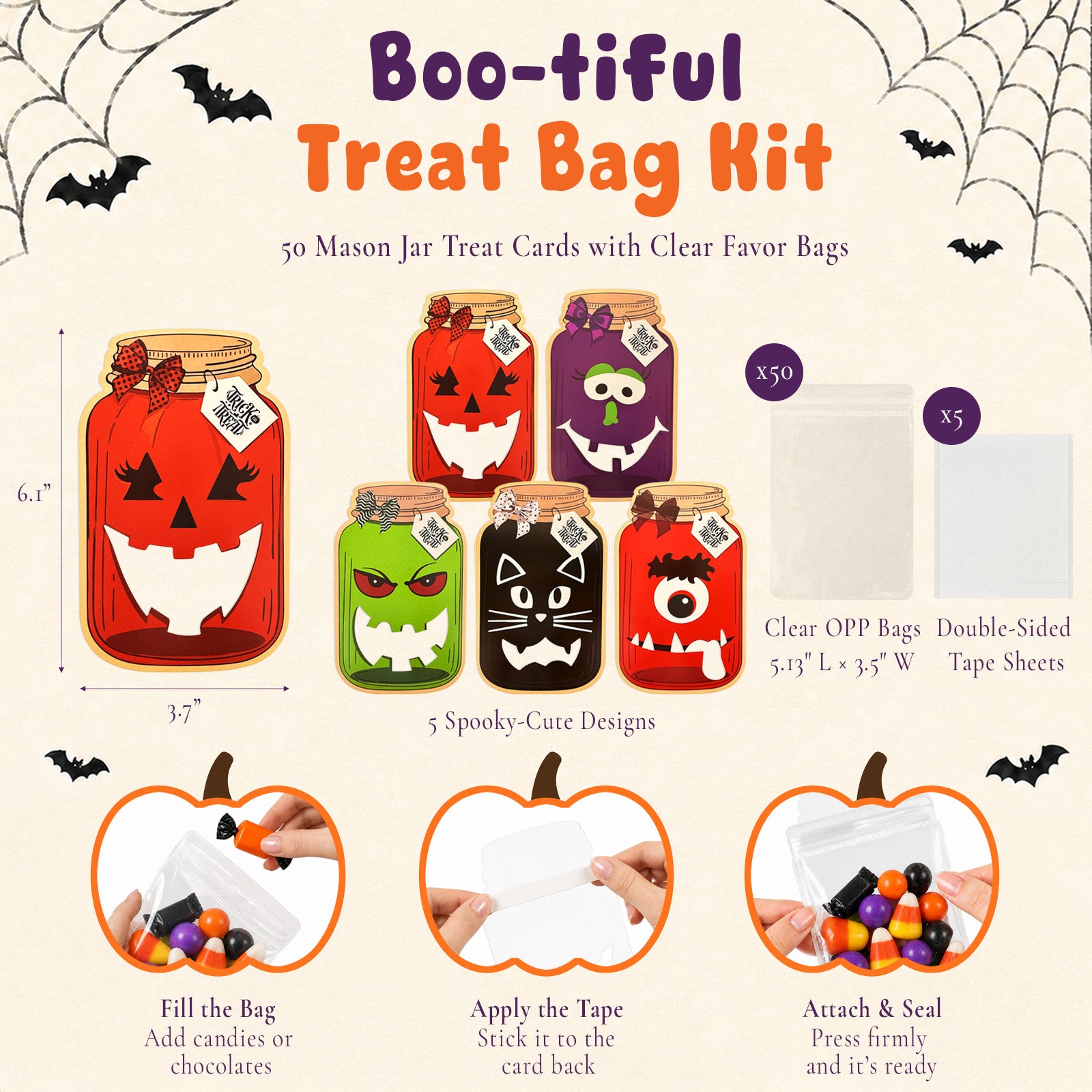 Wrapables 50pk Halloween Treat Bags with Mason Jar Cards Set, DIY Trick or Treat, Gift Exchange, Party Favors (Candy Not Included)