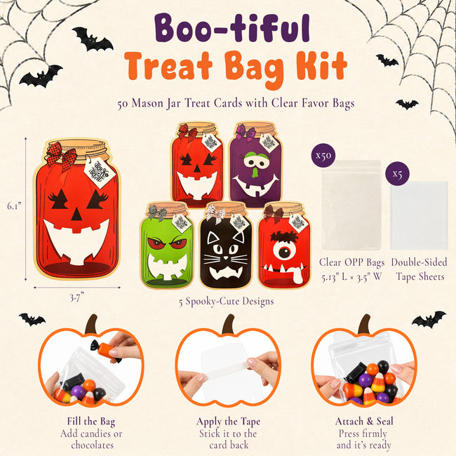 Wrapables 50pk Halloween Treat Bags with Mason Jar Cards Set, DIY Trick or Treat, Gift Exchange, Party Favors (Candy Not Included)