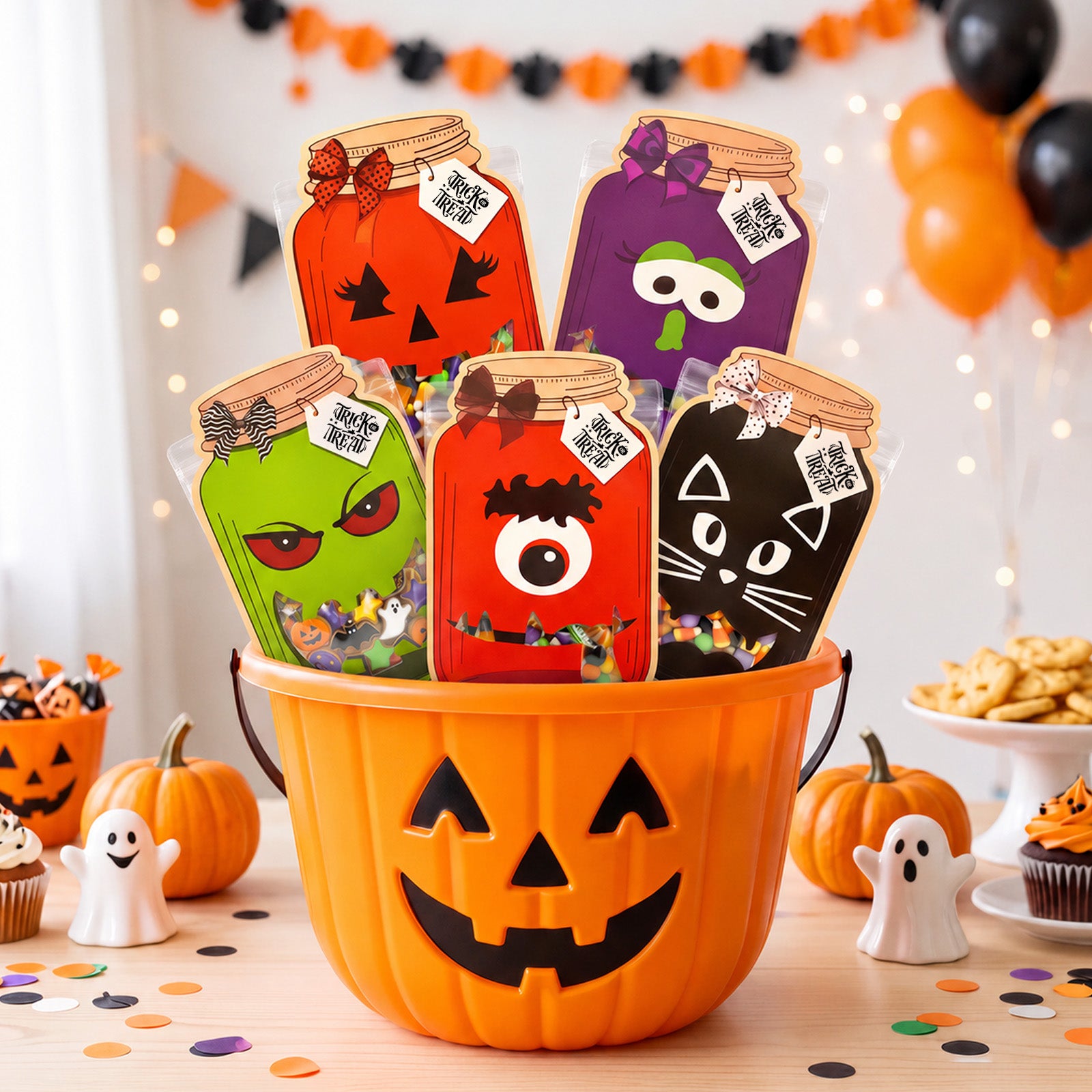 Wrapables 50pk Halloween Treat Bags with Mason Jar Cards Set, DIY Trick or Treat, Gift Exchange, Party Favors (Candy Not Included)