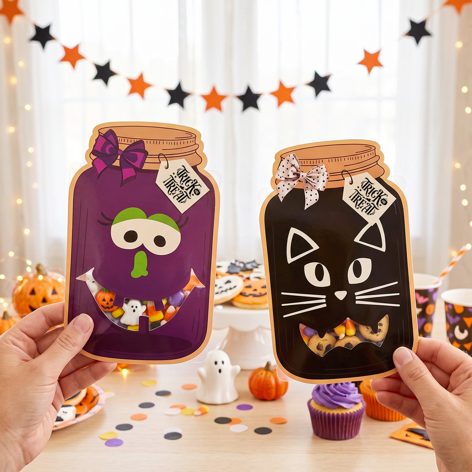 Wrapables 50pk Halloween Treat Bags with Mason Jar Cards Set, DIY Trick or Treat, Gift Exchange, Party Favors (Candy Not Included)