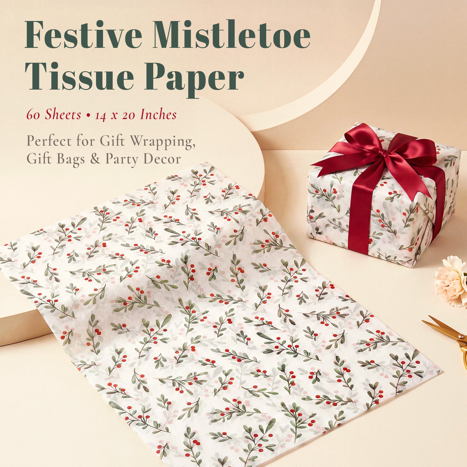 Wrapables Christmas Mistletoe Tissue Paper 14 x 20 Inch for Gift Wrapping, Weddings, Baby Showers, Birthdays, Party Decor (60 Sheets)