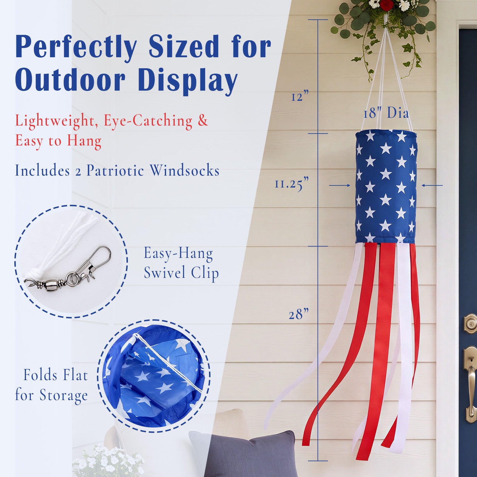 Wrapables American Flag Windsock, Stars and Stripes, Red White and Blue, 4th of July, Memorial Day, Heavy Duty Outdoor Decoration, 50 Inch (Set of 2)