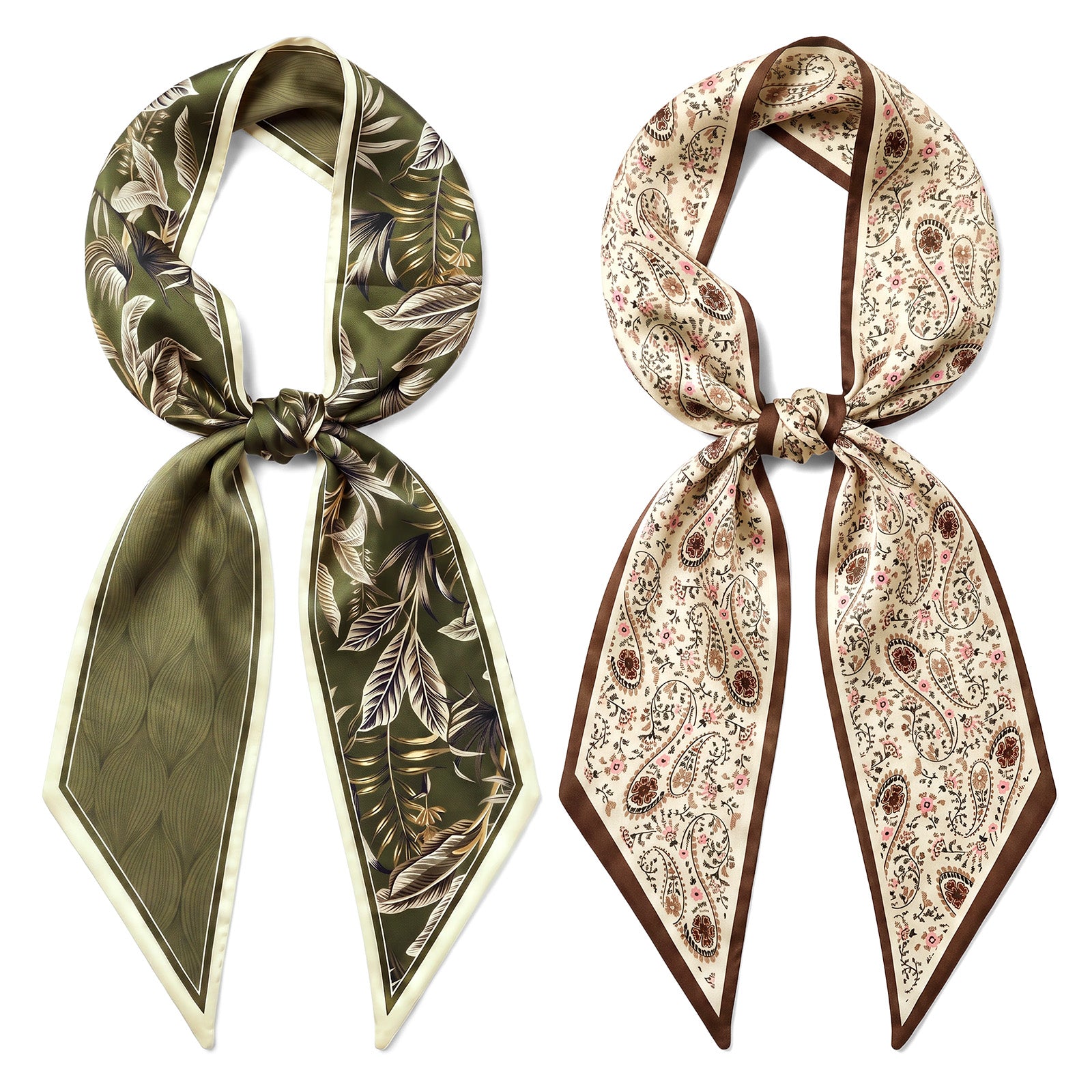 Wrapables 2 Piece Womens Silky Feeling Long Skinny Scarf Set, 55.5 x 5.15 Inch Satin Neck Scarf, Fern Paisley