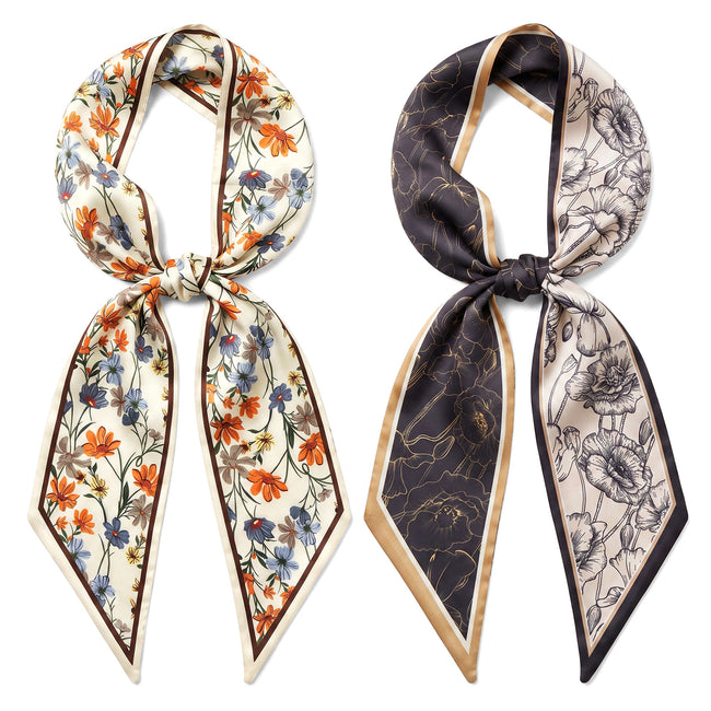 Wrapables 2 Piece Womens Silky Feeling Long Skinny Scarf Set, 55.5 x 5.15 Inch Satin Neck Scarf, Floral Ginkgo