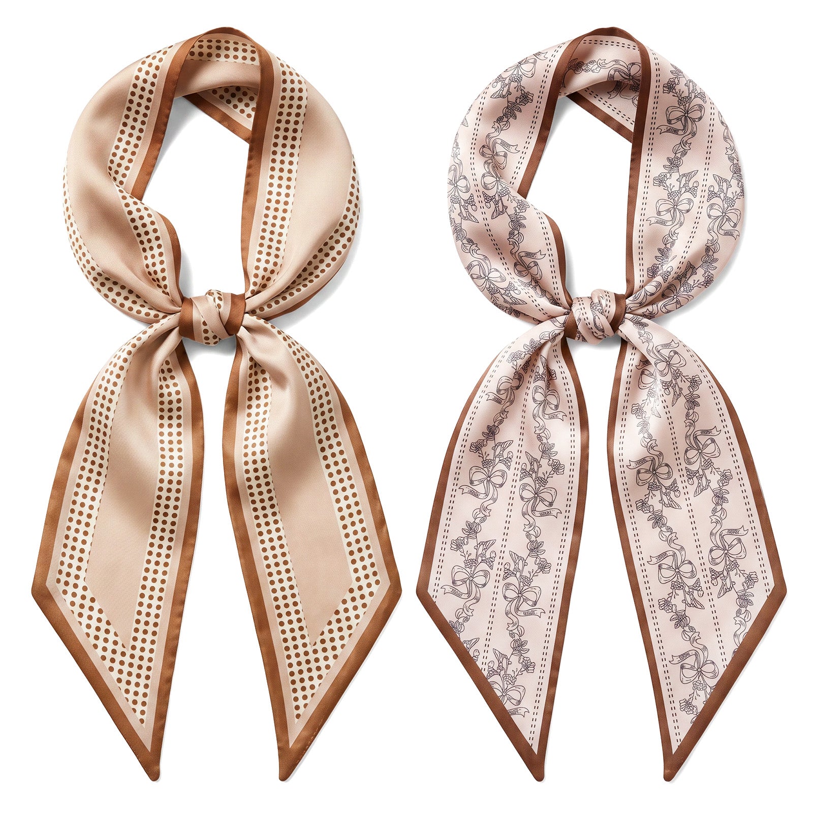 Wrapables 2 Piece Womens Silky Feeling Long Skinny Scarf Set, 55.5 x 5.15 Inch Satin Neck Scarf, Brown Sprig