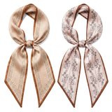 Wrapables 2 Piece Womens Silky Feeling Long Skinny Scarf Set, 55.5 x 5.15 Inch Satin Neck Scarf, Brown Sprig