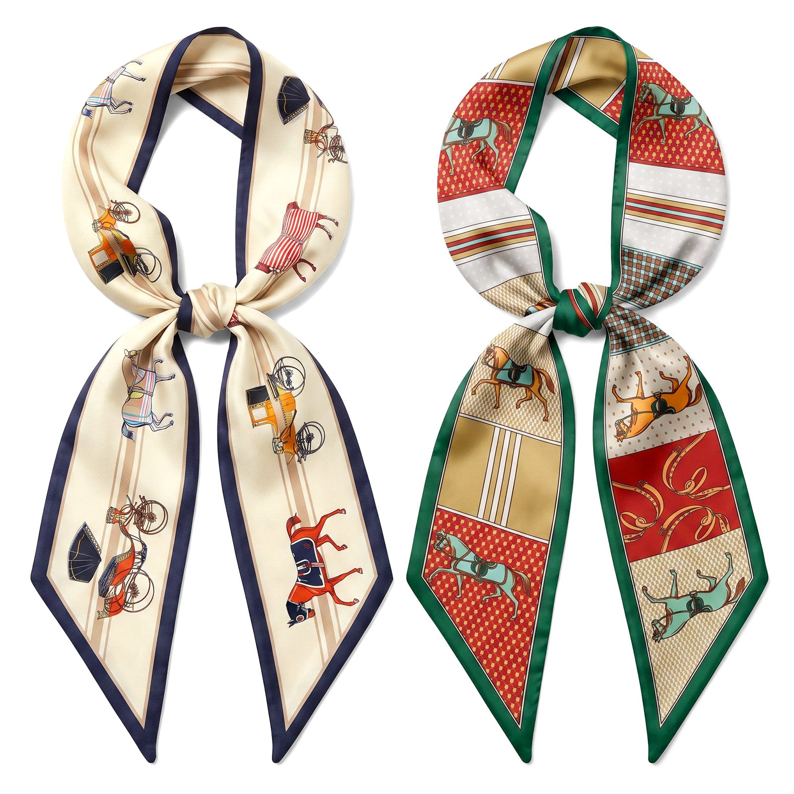 Wrapables 2 Piece Womens Silky Feeling Long Skinny Scarf Set, 55.5 x 5.15 Inch Satin Neck Scarf, Horse and Carriage
