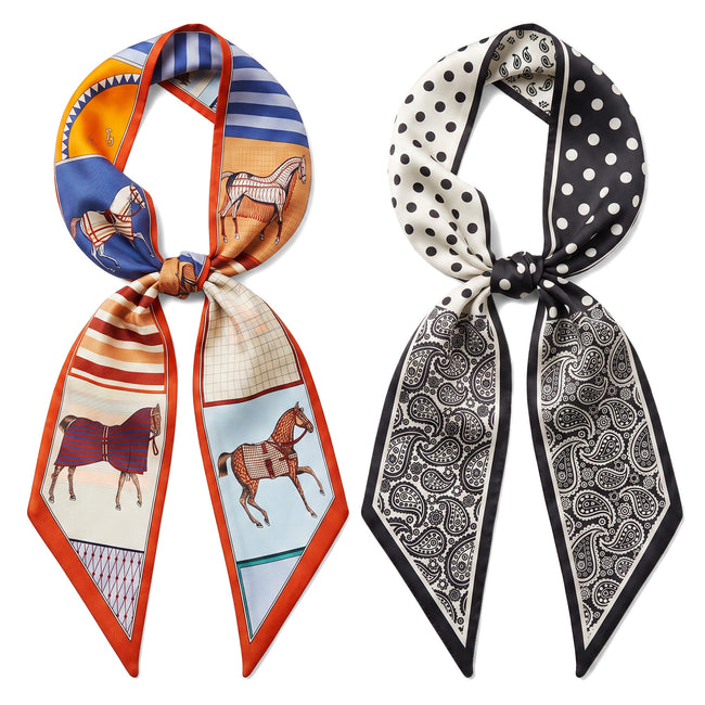Wrapables 2 Piece Womens Silky Feeling Long Skinny Scarf Set, 55.5 x 5.15 Inch Satin Neck Scarf, Horse and Paisley