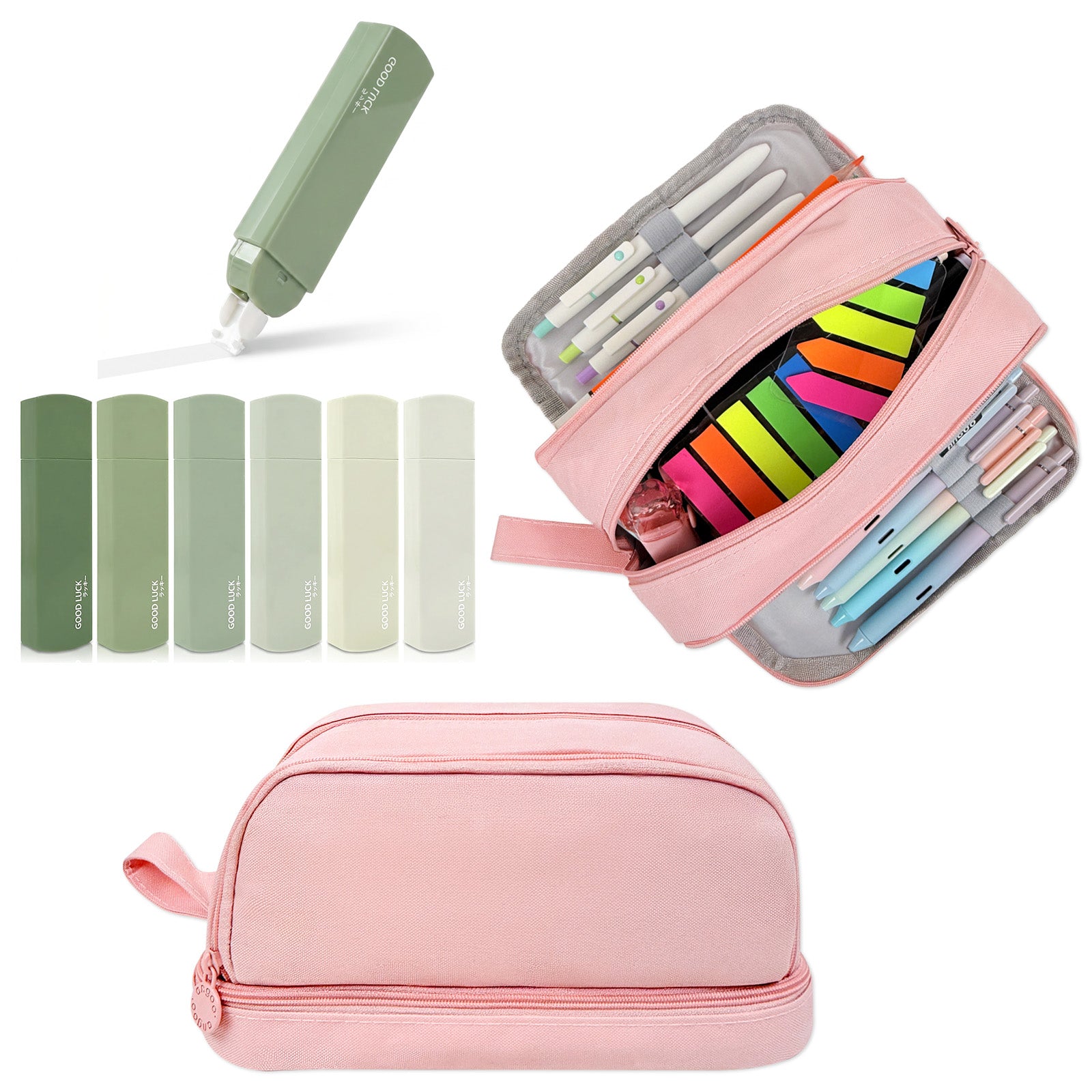 Wrapables Back-to-School Budget Pack, Schools Supplies Kit with 4 Compartment Pencil Case Pencil Pouch and White Correction Tape, Pink