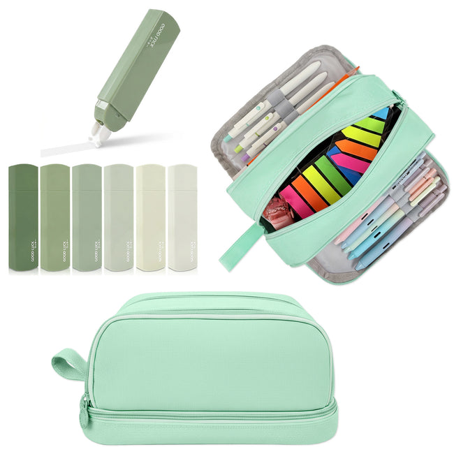 Wrapables Back-to-School Budget Pack, Schools Supplies Kit with 4 Compartment Pencil Case Pencil Pouch and White Correction Tape, Aqua
